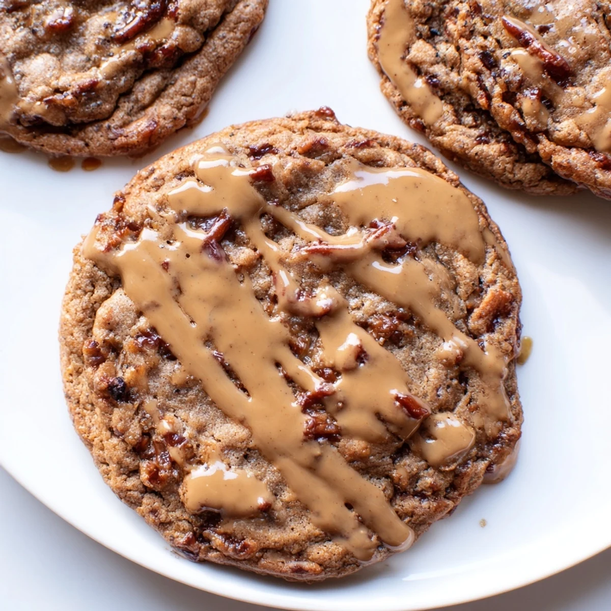 Soft chewy sticky toffee pudding cookies with sweet dates on cooling rack