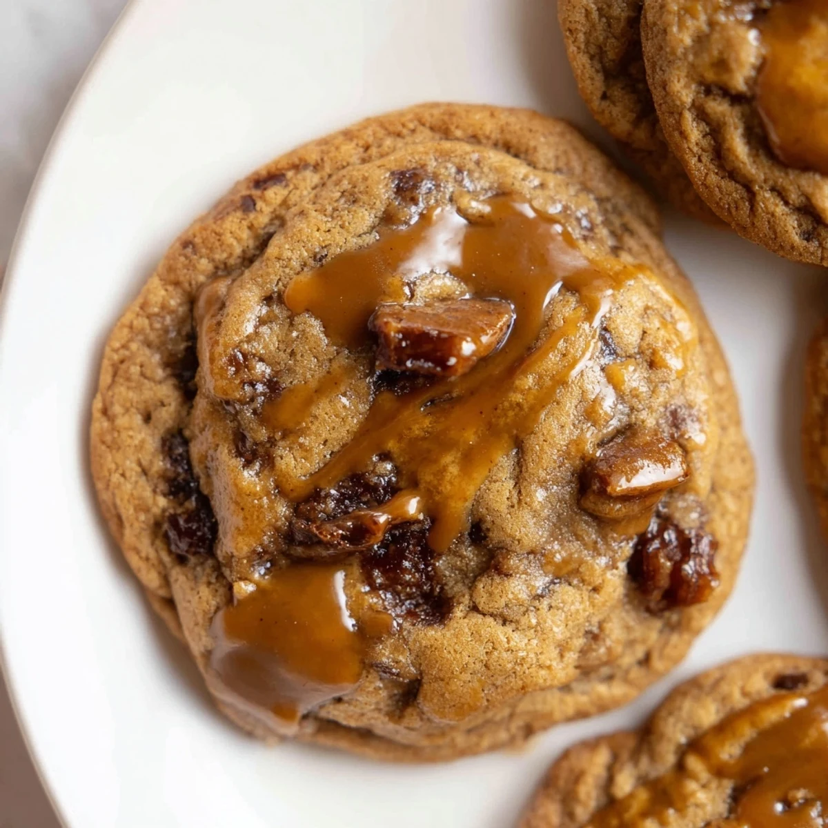 Batch of sticky toffee pudding cookies topped with rich caramel toffee sauce