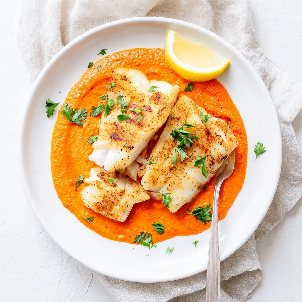 Golden pan-seared cod fillets nestled in a vibrant creamy roasted red pepper sauce topped with fresh parsley