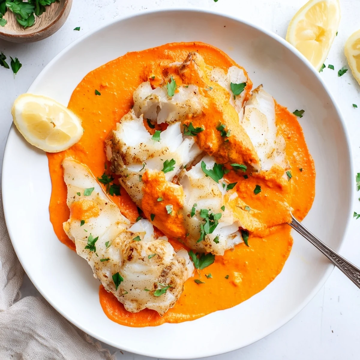 Flaky white cod poached in smooth roasted red pepper sauce with garnishes of lemon wedges and herbs