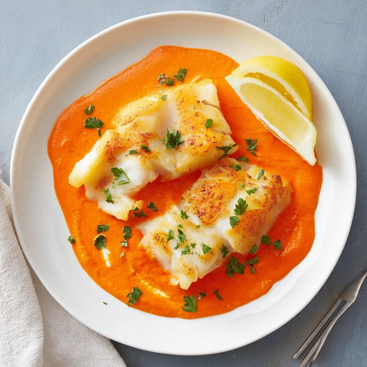 Mediterranean-style cod simmered in rich orange-red pepper sauce served as a gluten-free main dish