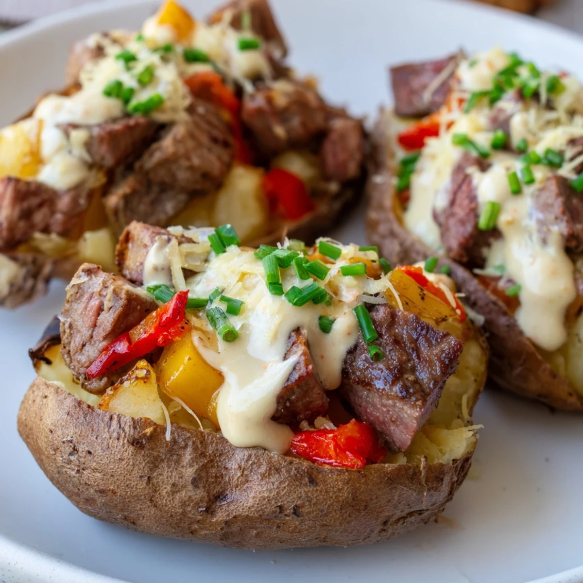 Golden baked potatoes stuffed with seasoned steak cubes and drizzled with creamy Parmesan sauce