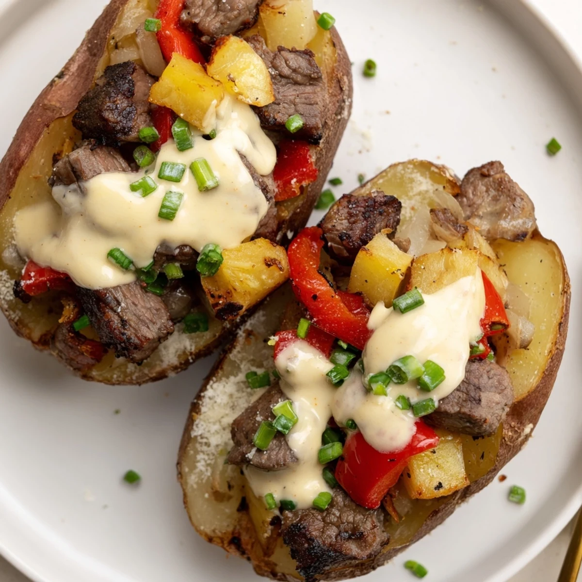 Fluffy russet potatoes loaded with juicy steak and vegetables topped with rich white cheese sauce