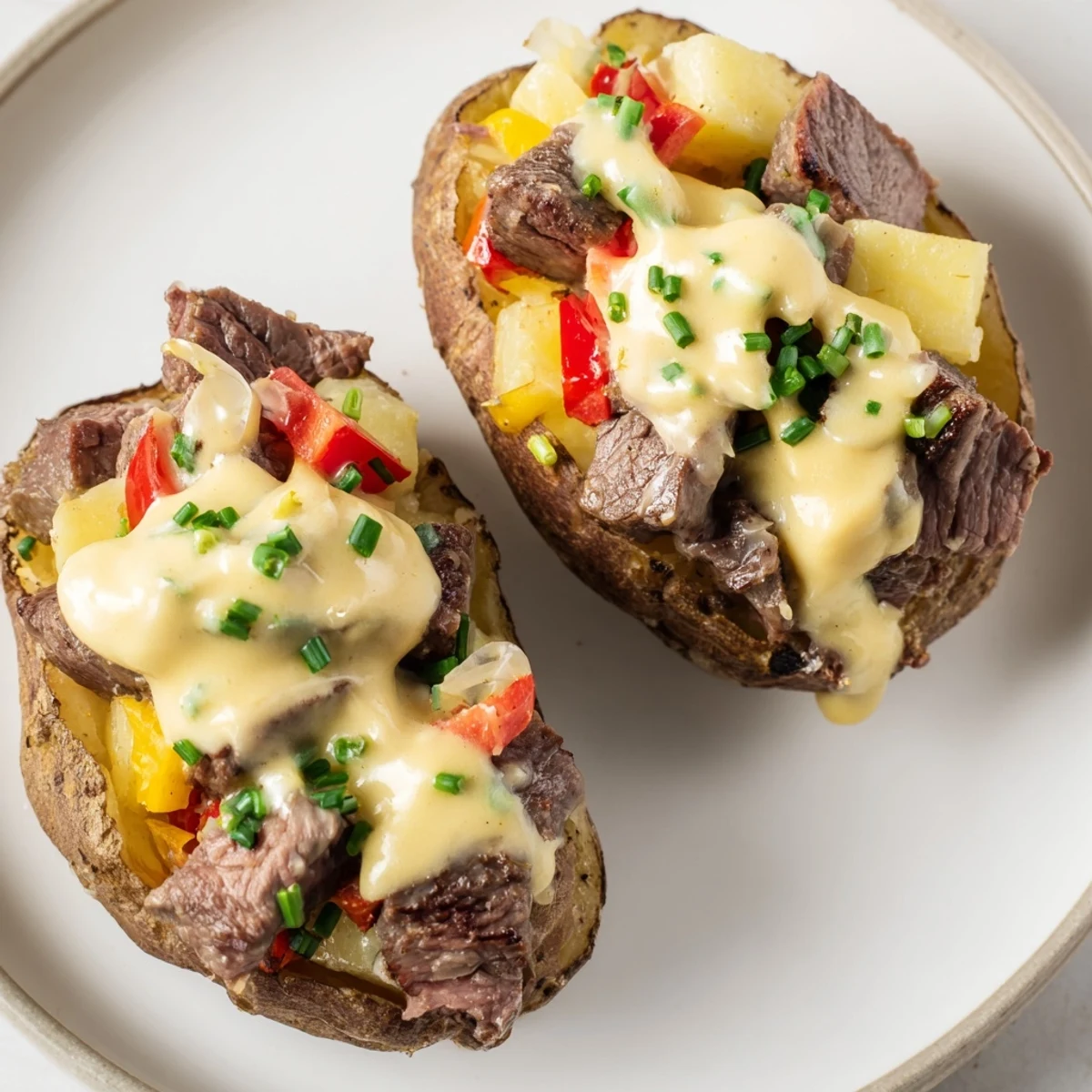 Hearty stuffed baked potatoes filled with savory steak mixture and finished with velvety Parmesan cream