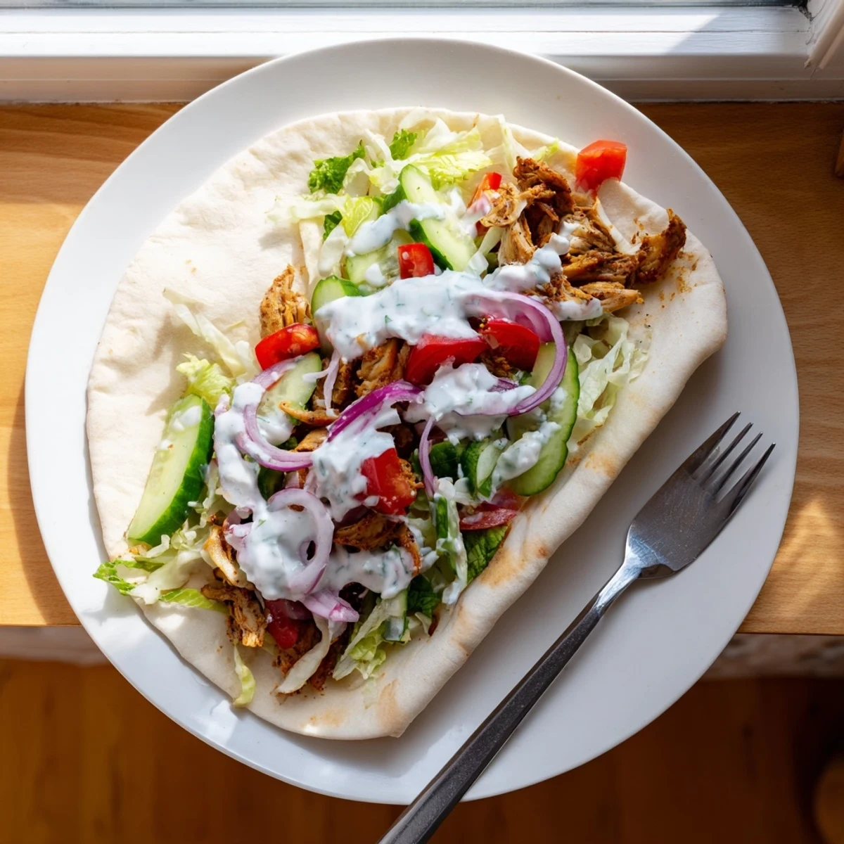Juicy spiced chicken shawarma sliced thin wrapped in warm pita with fresh crisp vegetables