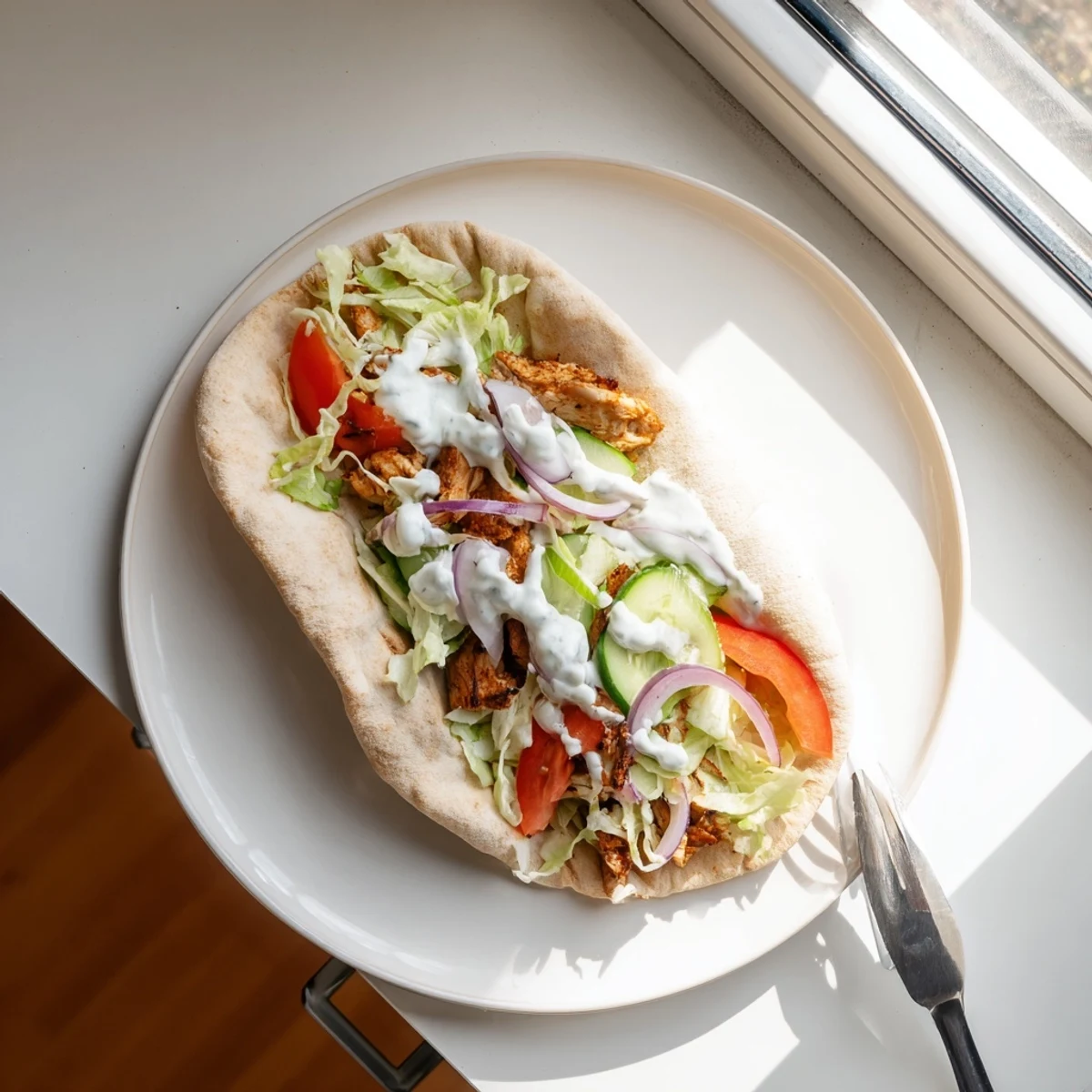 Golden brown chicken shawarma pieces stacked high on fluffy pita drizzled with creamy garlic sauce