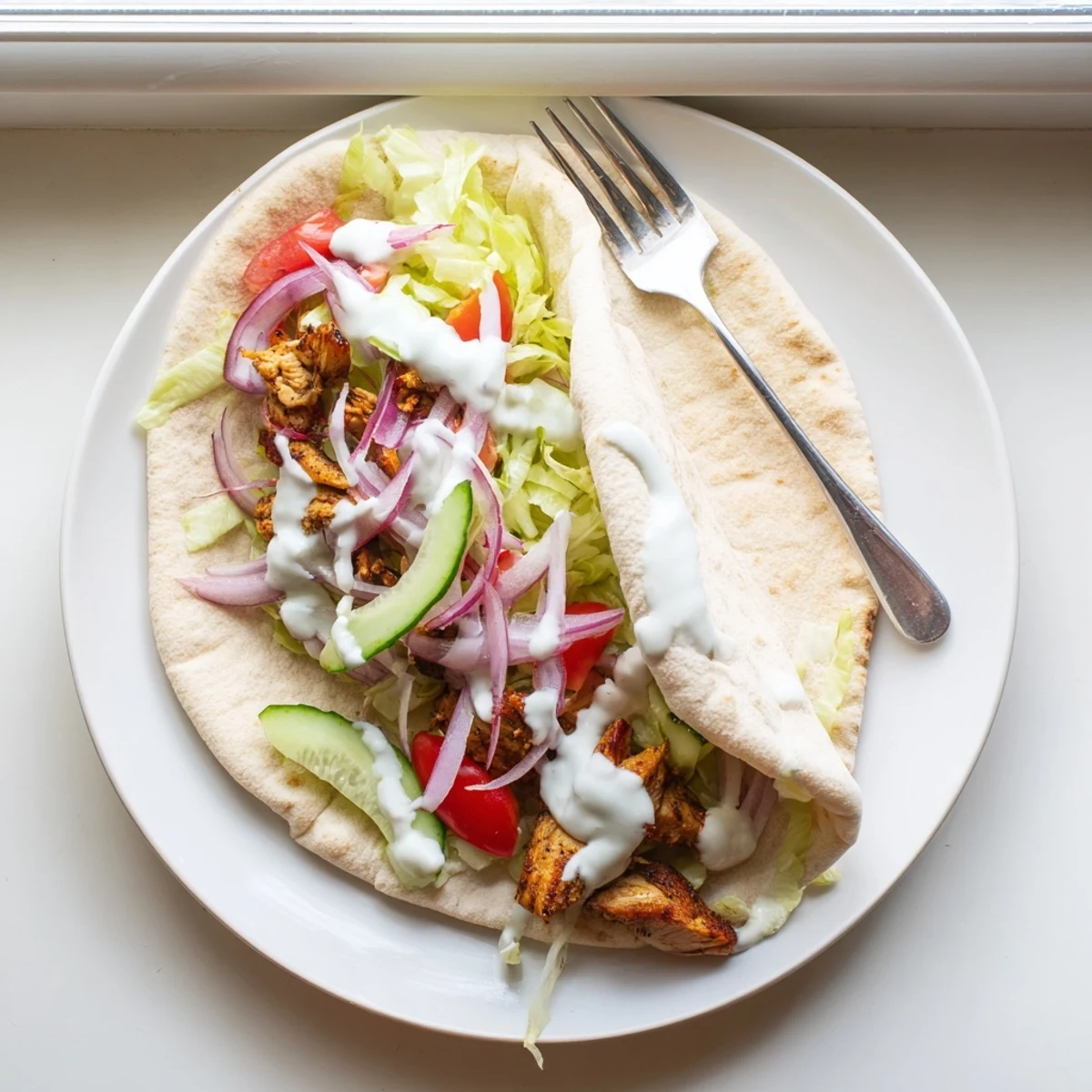 Flavorful Middle Eastern chicken shawarma served with tomatoes lettuce and pickles inside soft flatbread