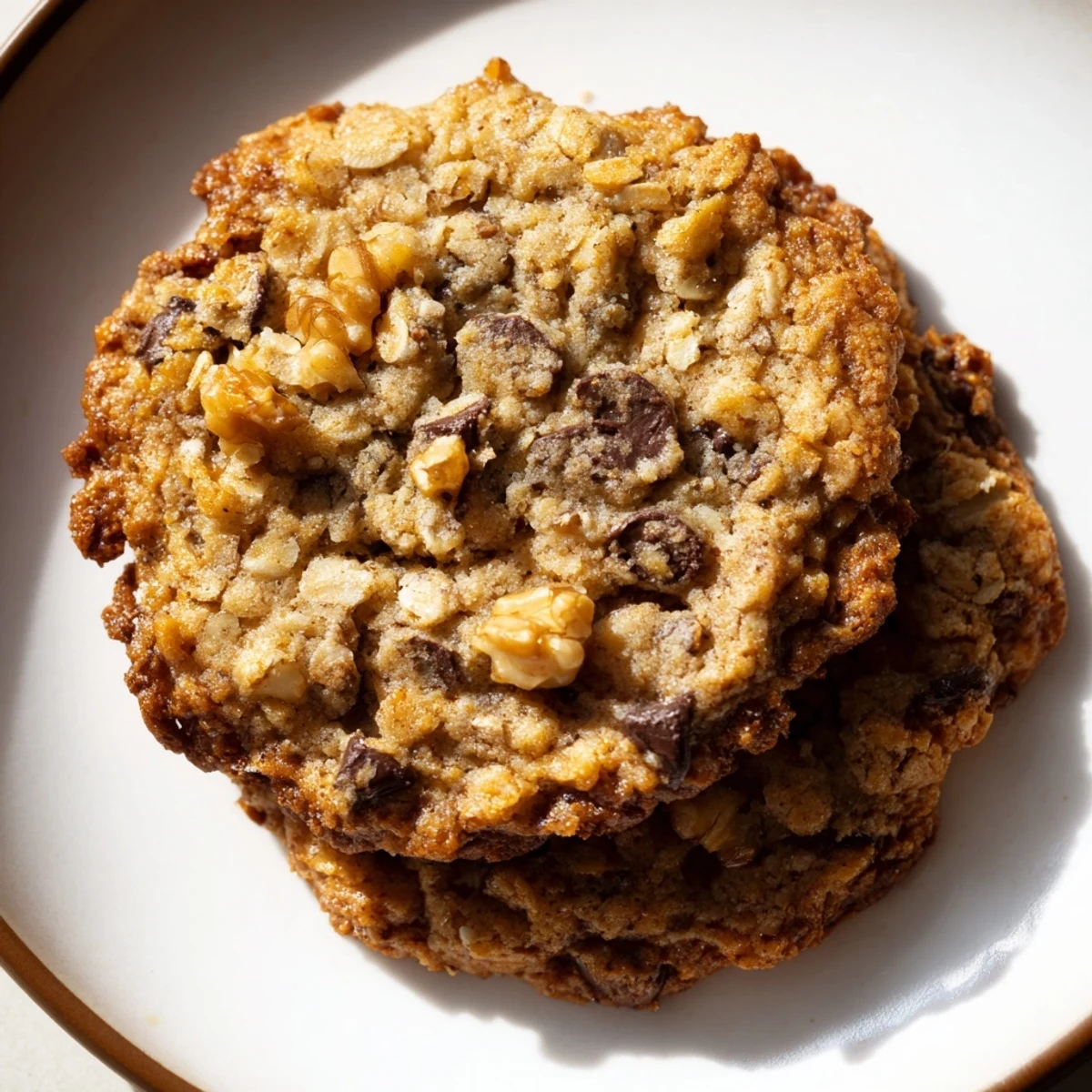 Golden brown butter Irish oat cookies stacked on a wooden cutting board with melted chocolate chips