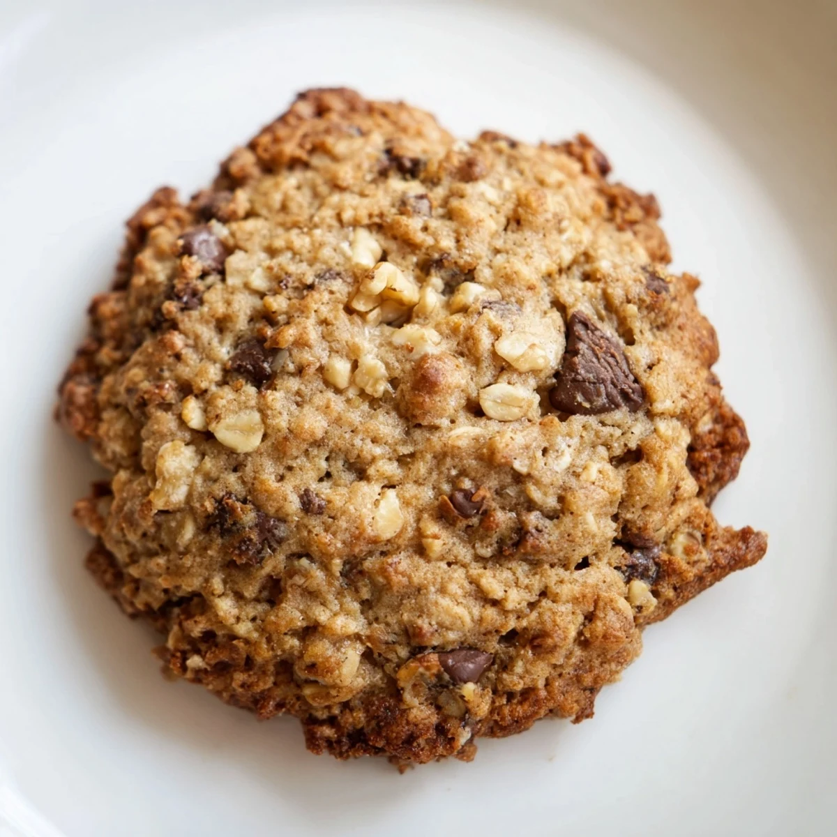 Close-up of brown butter Irish oat cookies on a white plate with raisins and walnuts