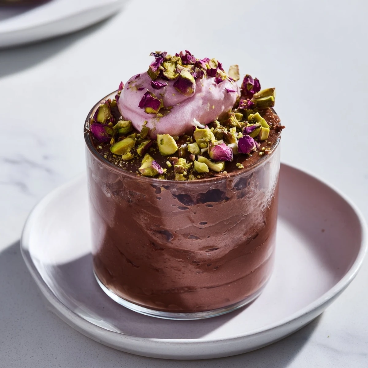 Elegant Dubai Chocolate Cup dessert garnished with crushed pistachios and delicate dried rose petals