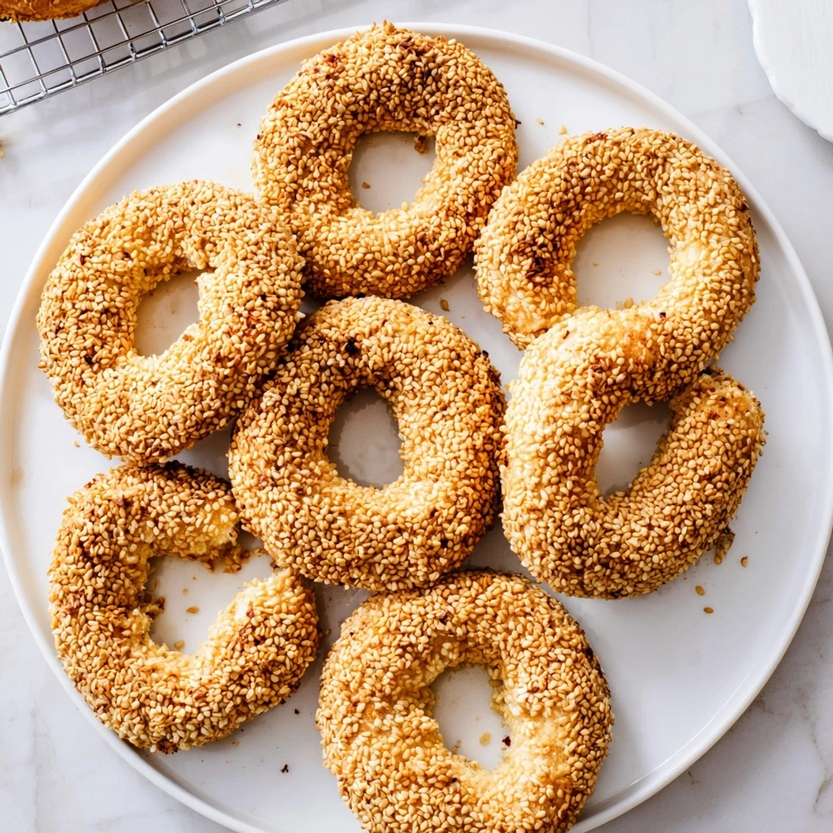 Golden sesame bread rings with crisp exteriors and soft chewy centers, freshly baked and stacked on a wire rack
