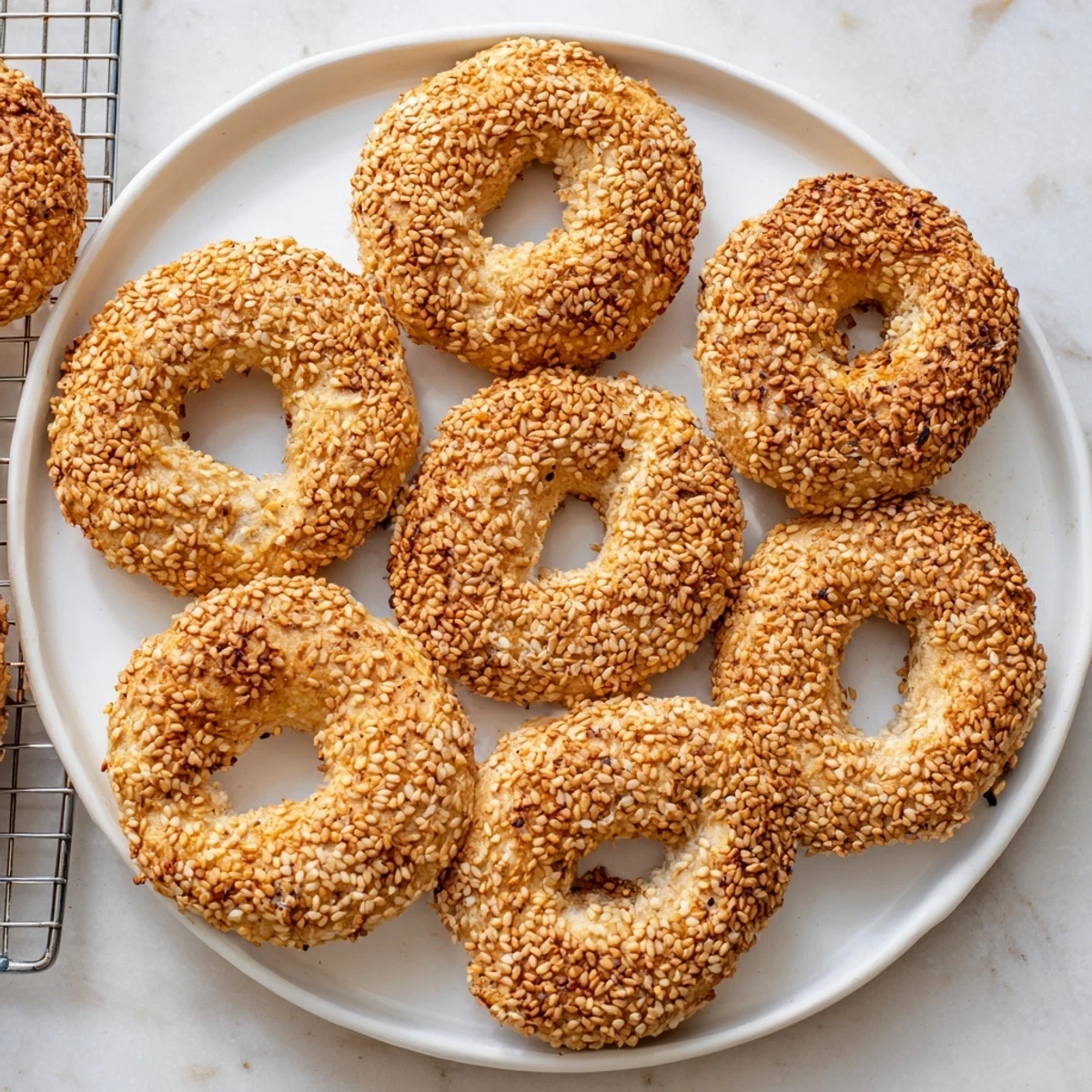 Eight freshly baked sesame bread rings displaying golden crusts and generous seed coating, perfect alongside cheese and olives