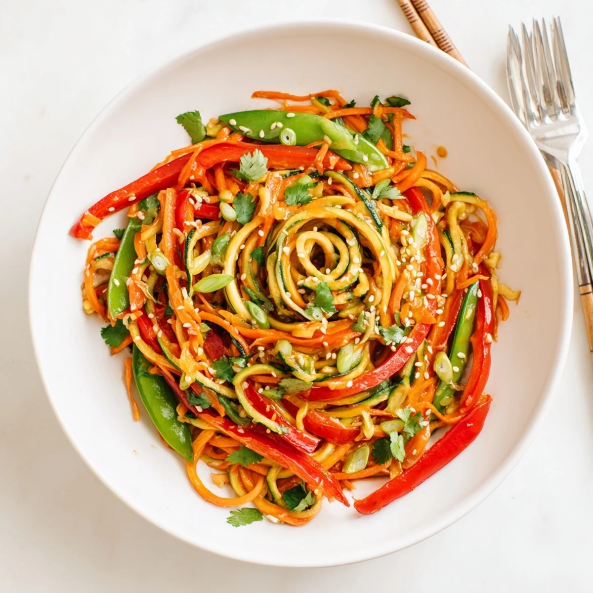 Glossy teriyaki zucchini noodles in a bowl with colorful crisp vegetables