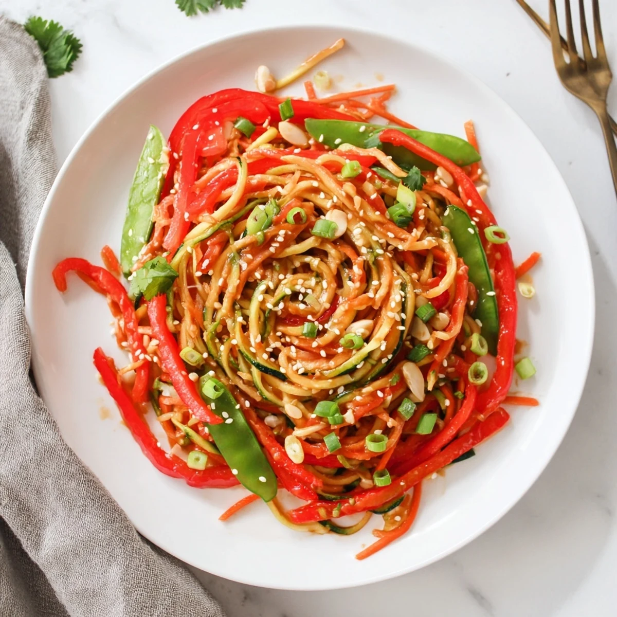Healthy teriyaki zucchini noodles tossed with snap peas and sesame seed garnish
