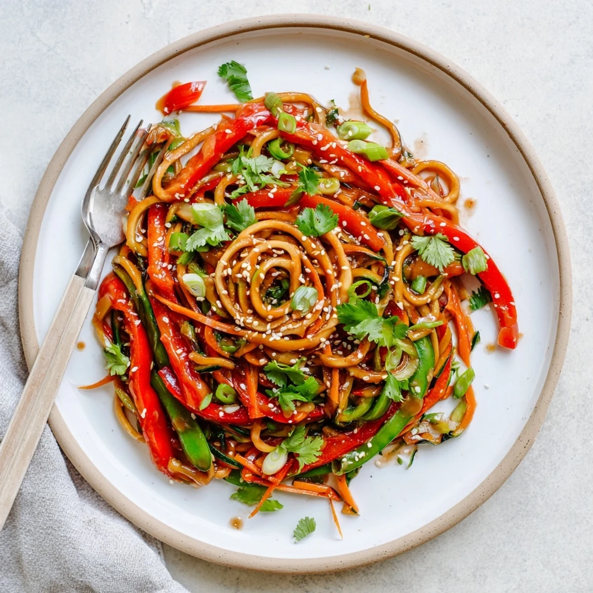 Savory teriyaki zucchini noodles stir-fried with bell pepper slices and green onions