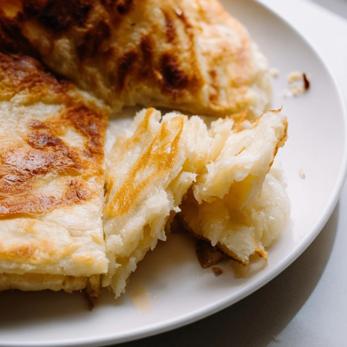 Golden flaky Roti Canai flatbread with crisp layers and tender chewy interior on a white plate
