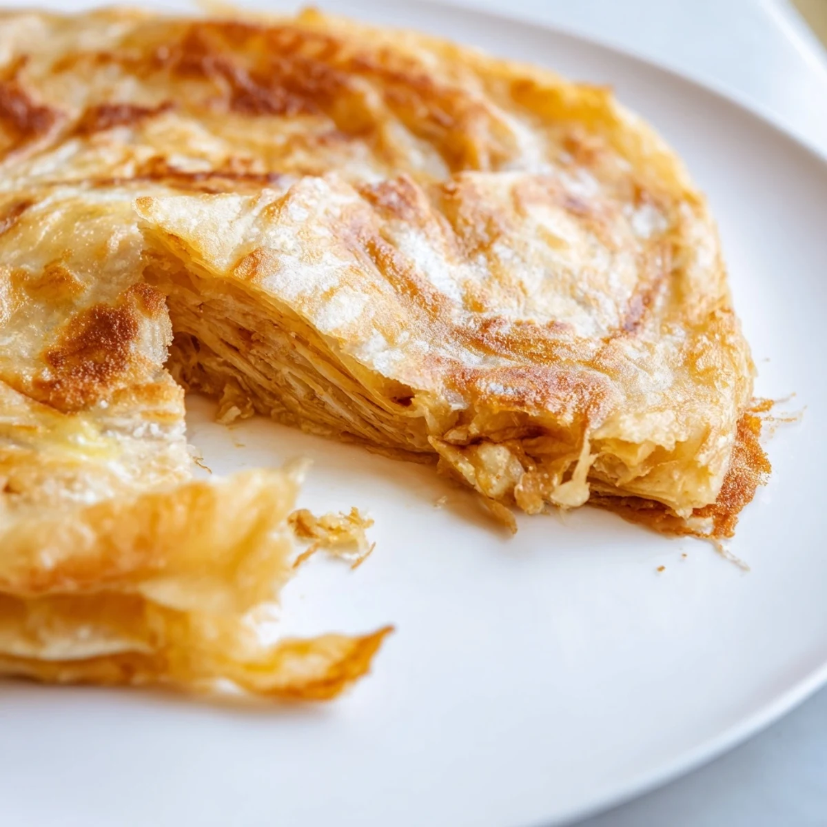 Hand-stretched Malaysian Roti Canai bread featuring crispy golden brown layers and soft delicate texture