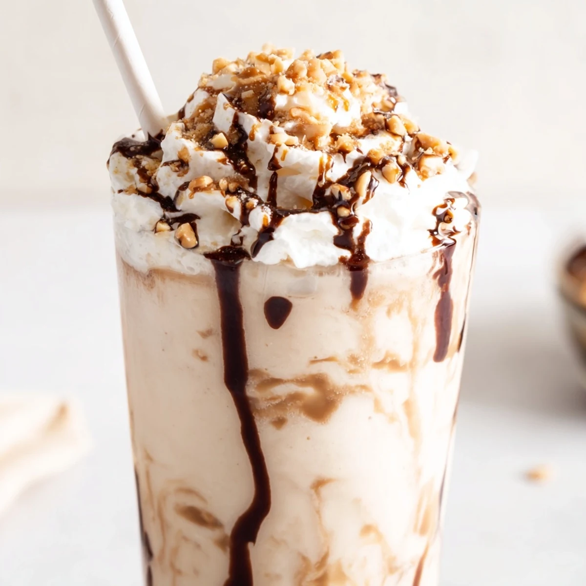 Thick Five Guys-style peanut butter milkshake topped with whipped cream and crushed roasted peanuts in a tall glass