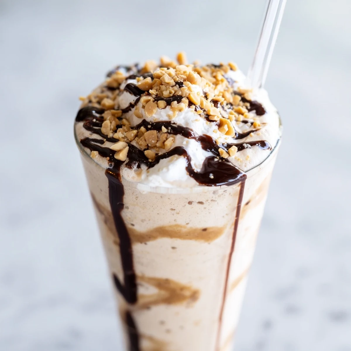 Velvety Five Guys-style peanut butter milkshake drizzled with chocolate syrup and garnished with chopped peanuts