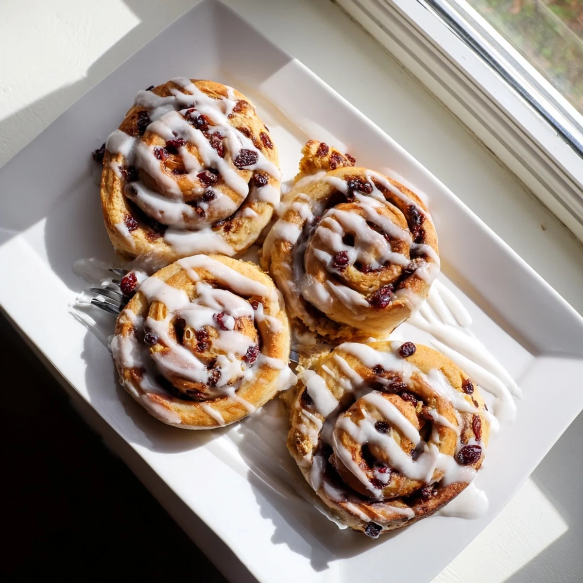 Golden cherry cinnamon rolls filled with fruit and cinnamon sugar swirls