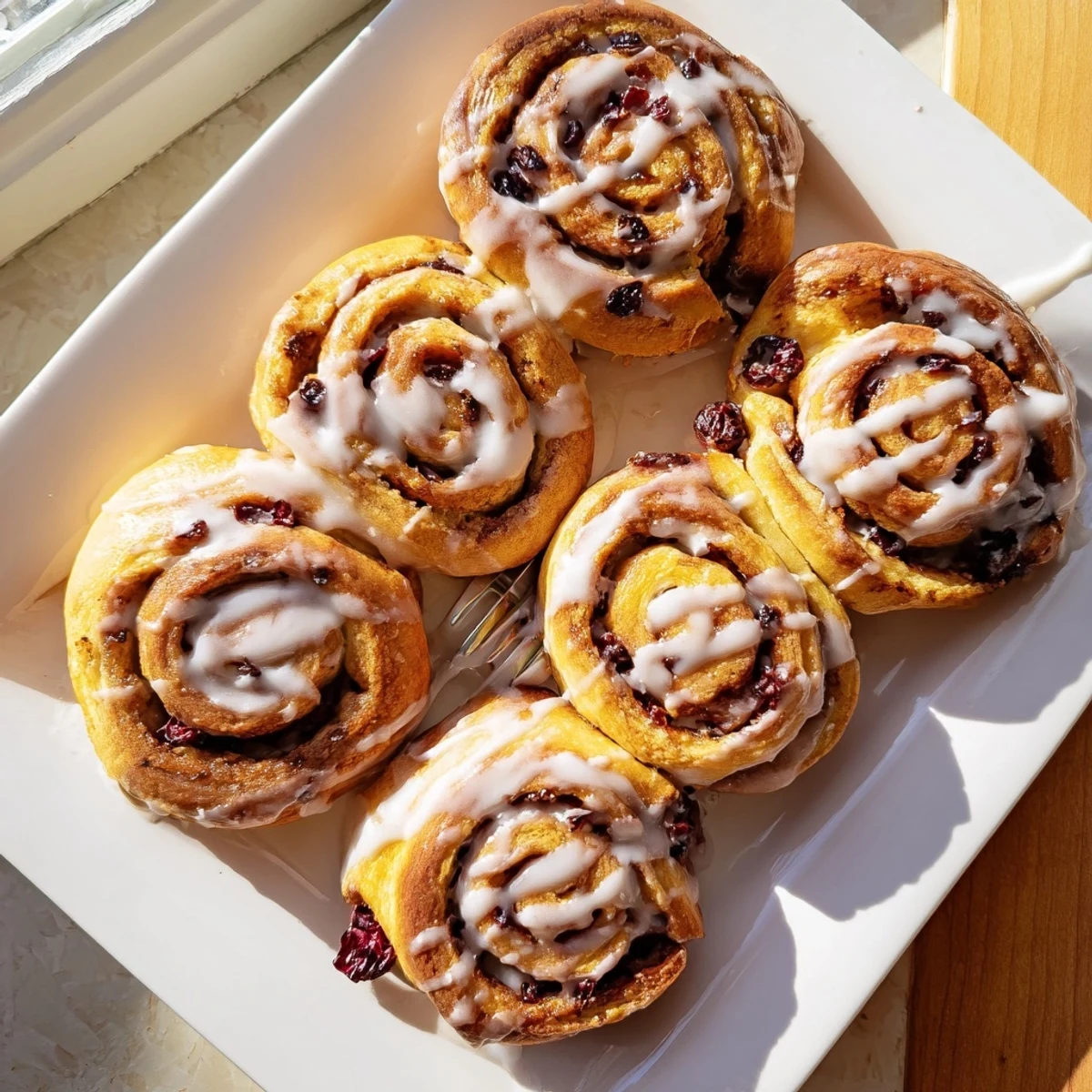 Fresh baked cherry cinnamon rolls with spiraled dough and dripping vanilla glaze