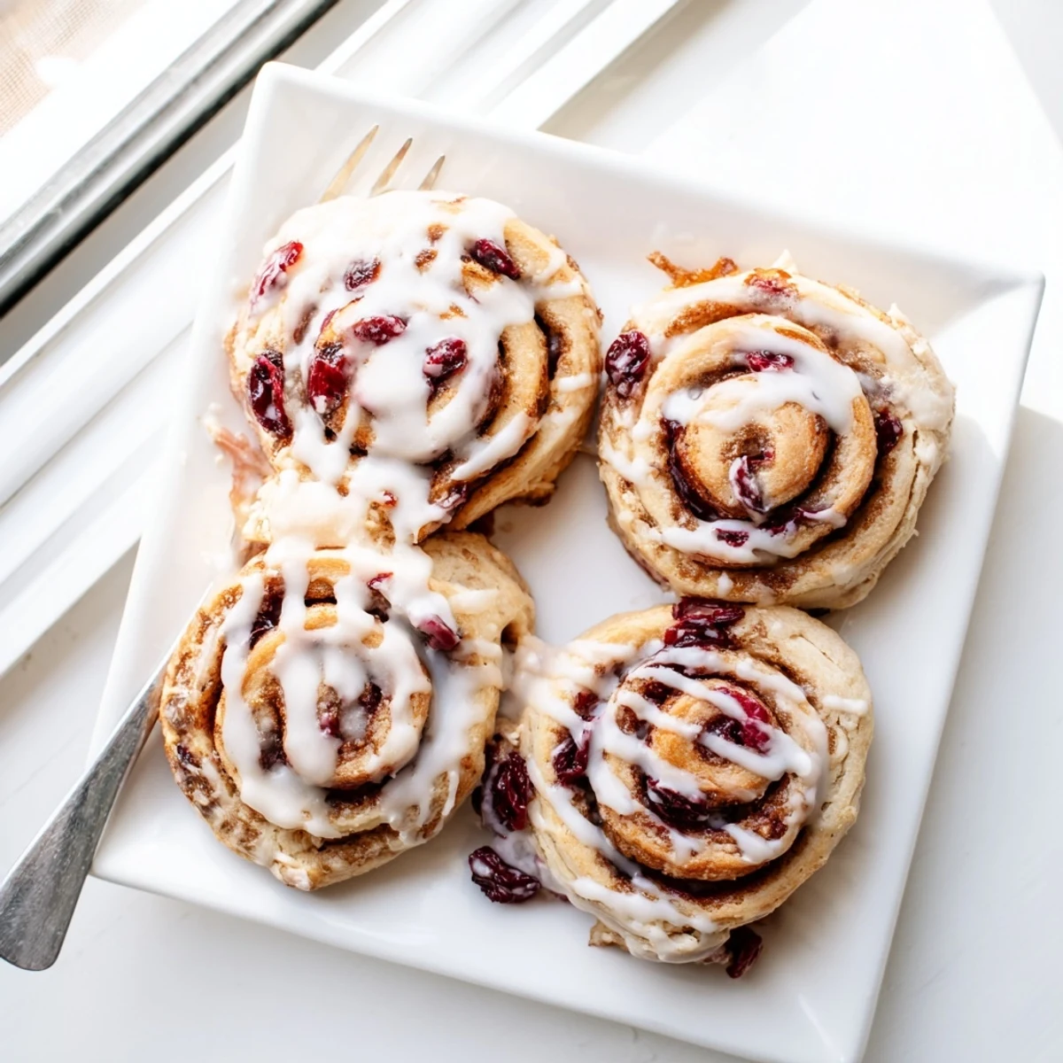 Warm cherry cinnamon rolls topped with sweet white glaze on serving plate