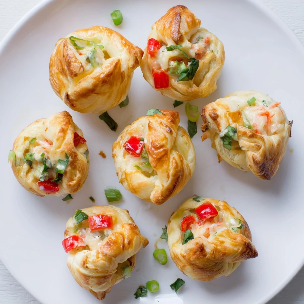 Golden baked crab and shrimp tortilla bombs filled with melted cheese and fresh vegetables