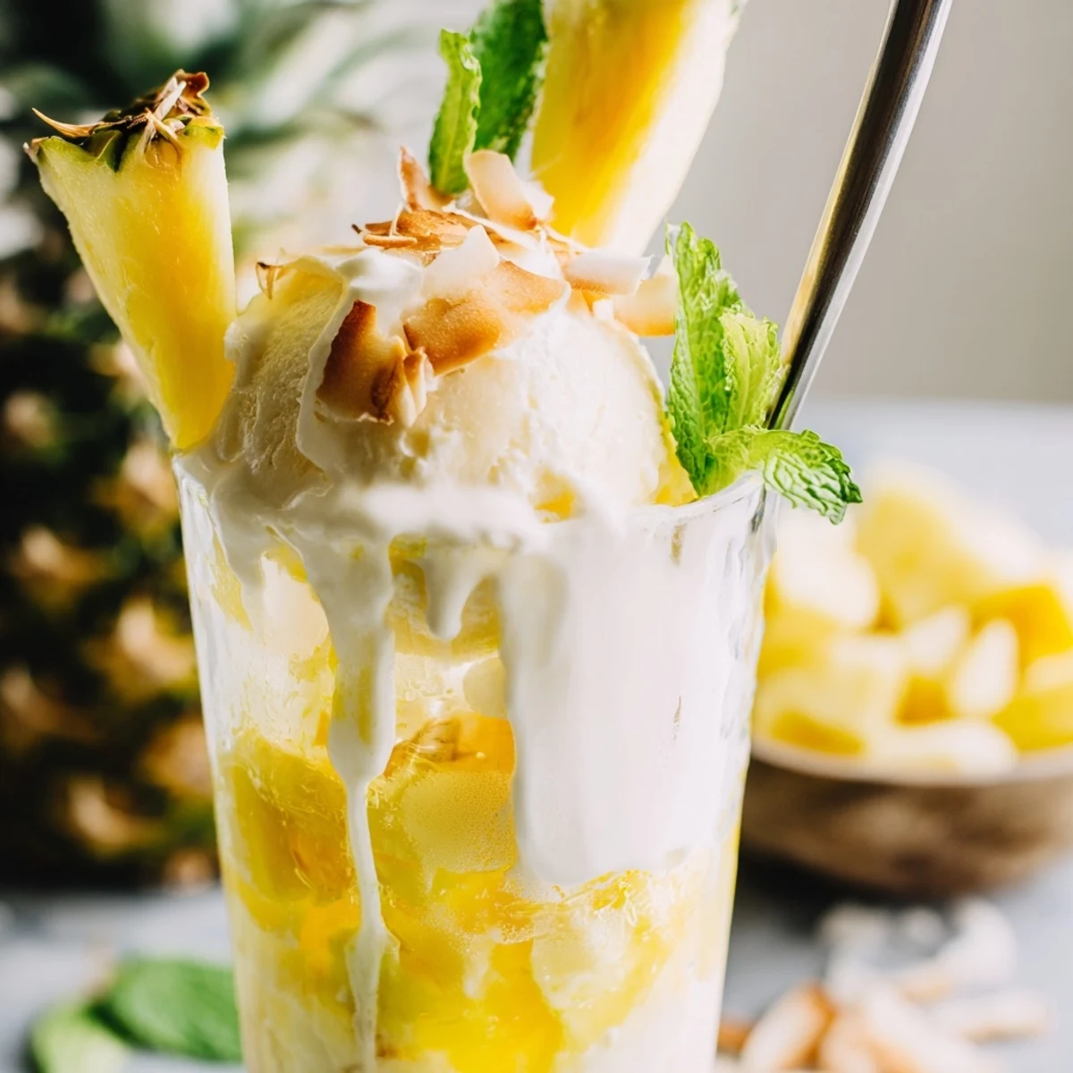 Vegan Tropical Paradise Rebel Float in tall glass garnished with fresh pineapple wedges and mint leaves