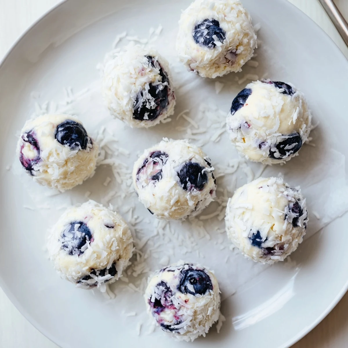 Small plate of blueberry cheesecake protein bites rolled in coconut showing fresh purple blueberries throughout creamy white bites