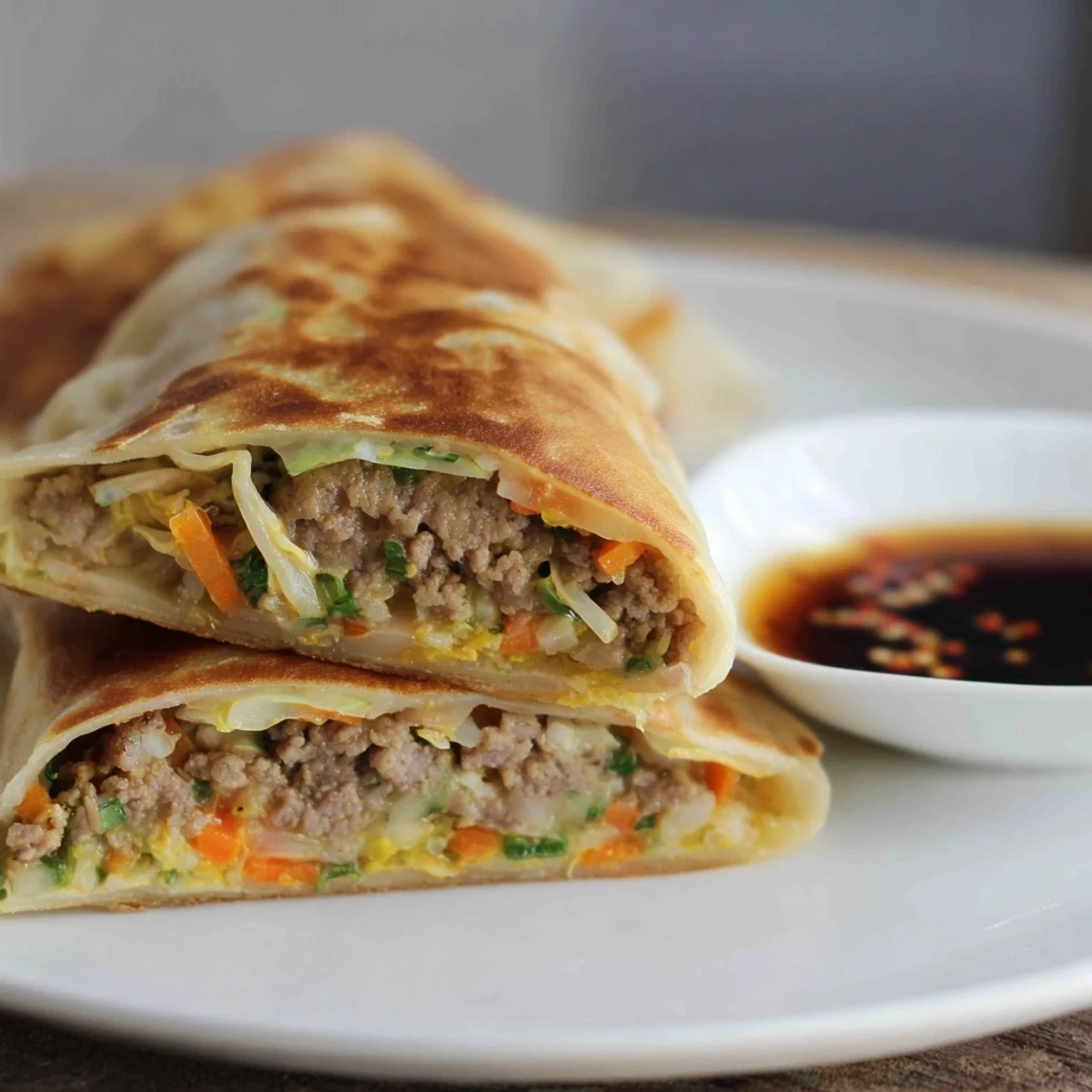 Fluffy pancake folded over egg and pork filling served with dark dipping sauce