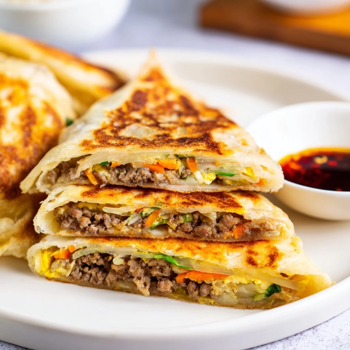 Golden Chinese style savoury stuffed breakfast pancakes filled with seasoned meat and vegetables