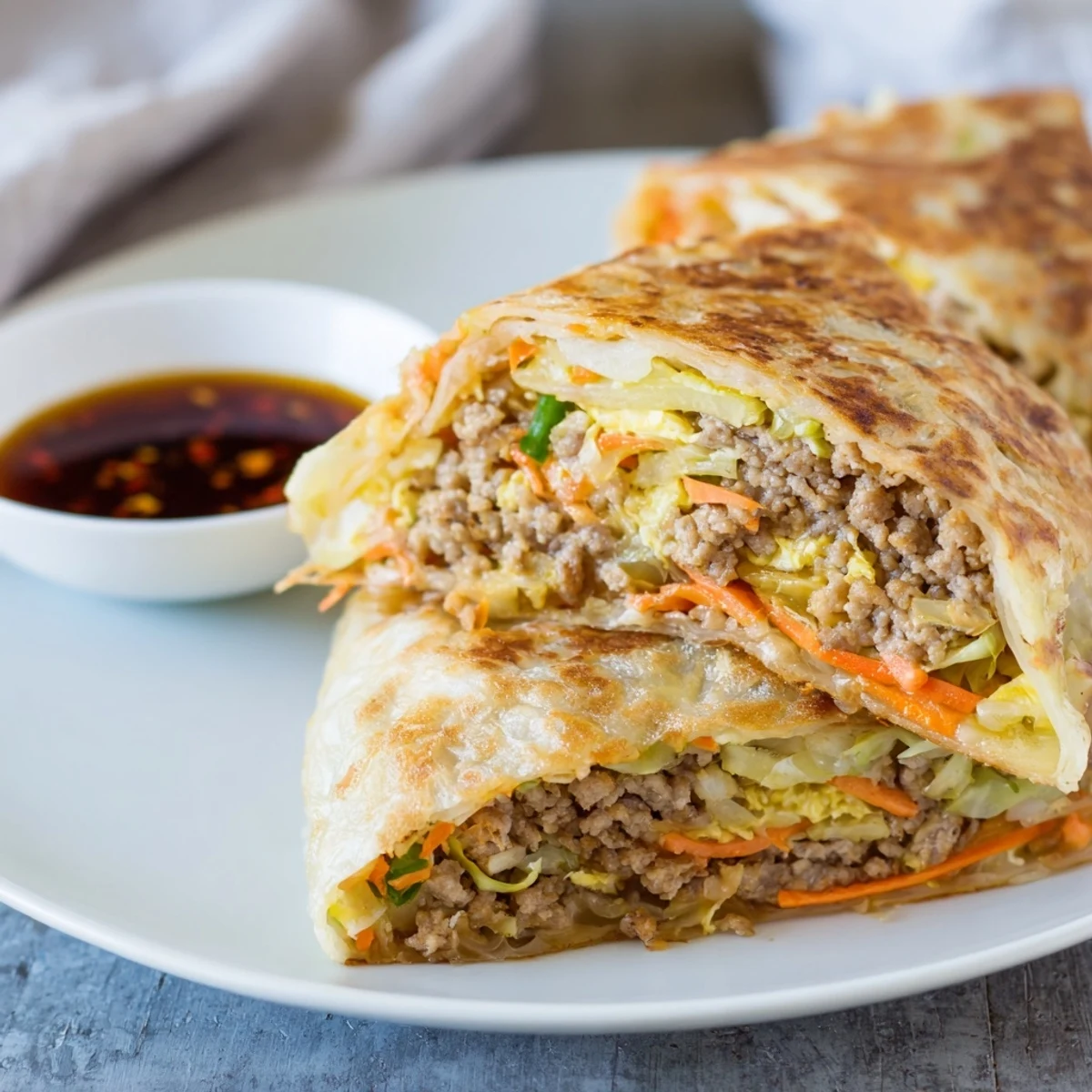 Savory stuffed breakfast pancake cut into wedges alongside soy vinegar dipping sauce bowl