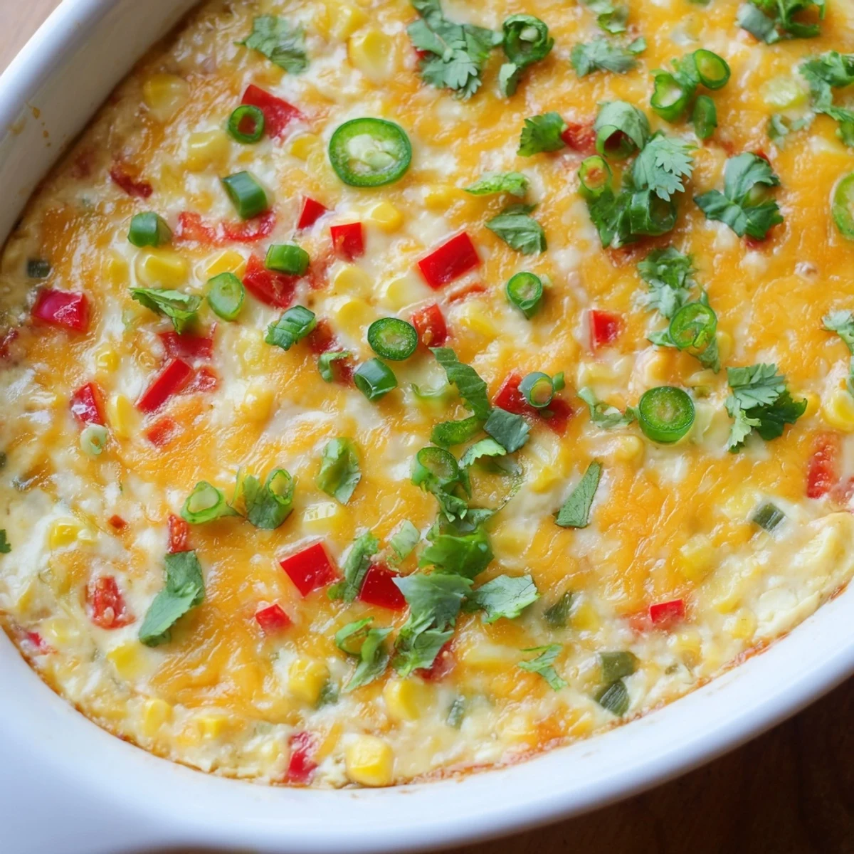 Golden bubbly corn dip with melted cheddar and diced peppers served warm