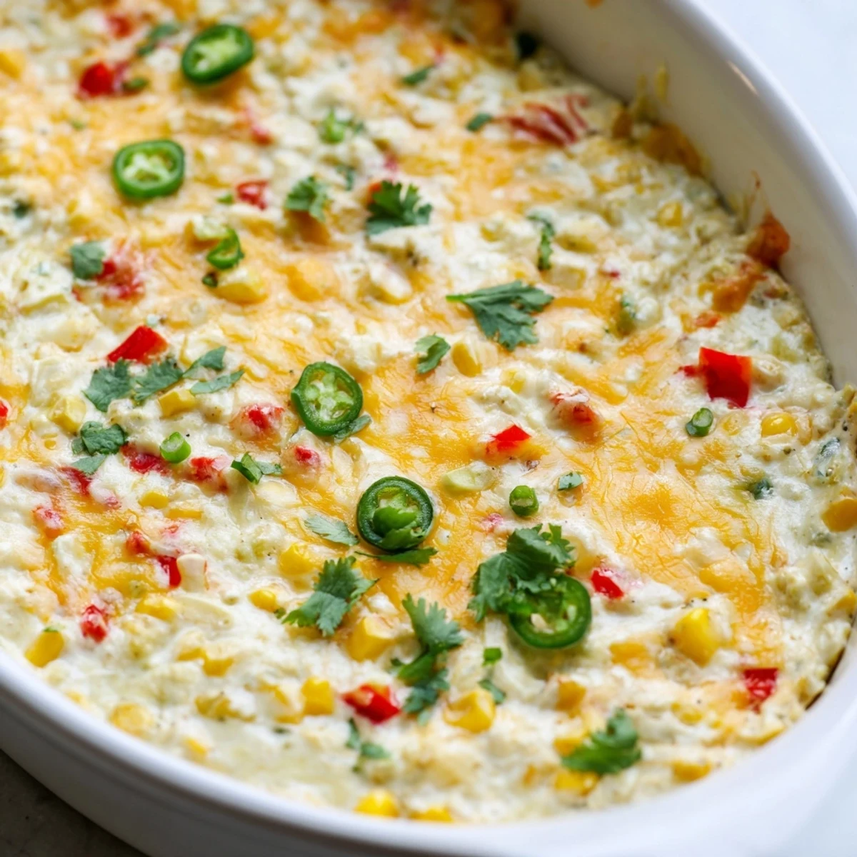 Savory hot corn dip appetizer with golden melted cheese and colorful vegetables