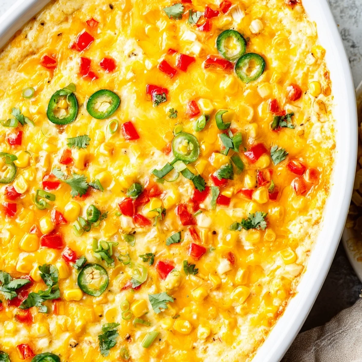 Creamy baked corn dip topped with shredded cheese and fresh green onions