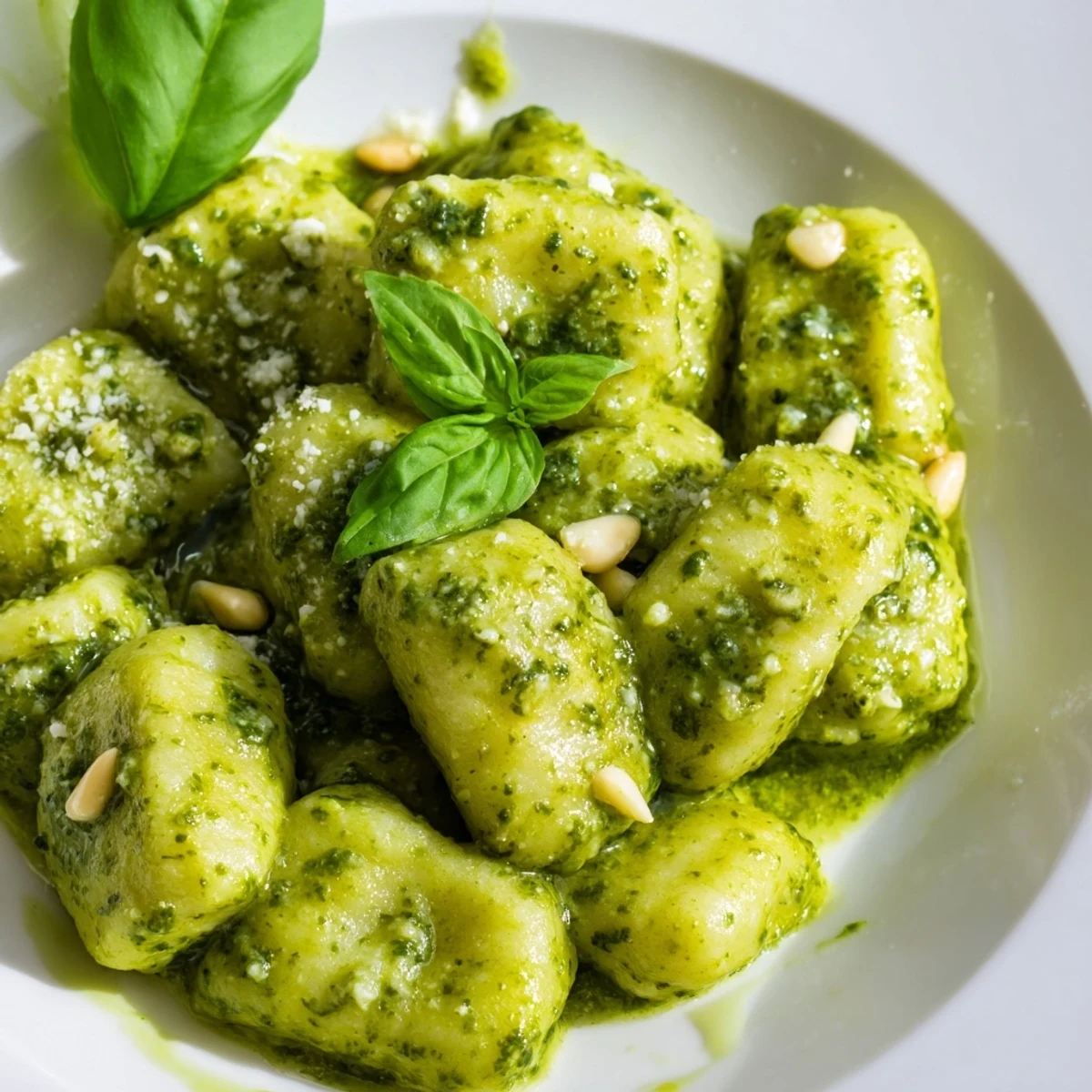 Easy pesto gnocchi plated with grated Parmesan and basil leaves for a simple weeknight dinner