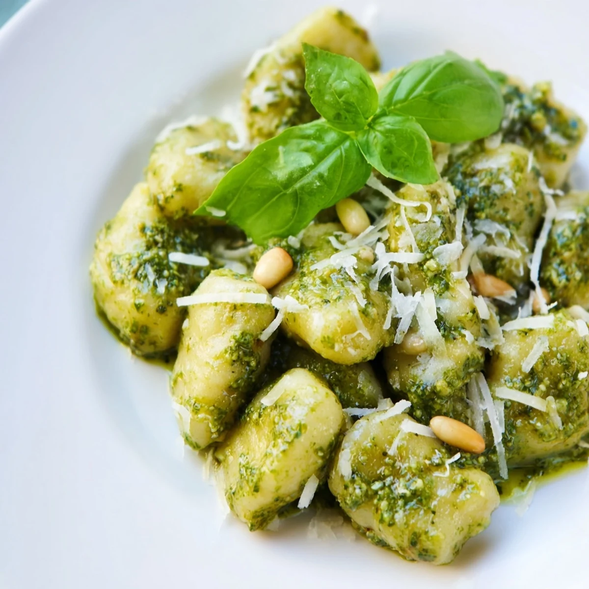 Creamy homemade pesto tossed with fluffy potato gnocchi in a close-up food photography shot