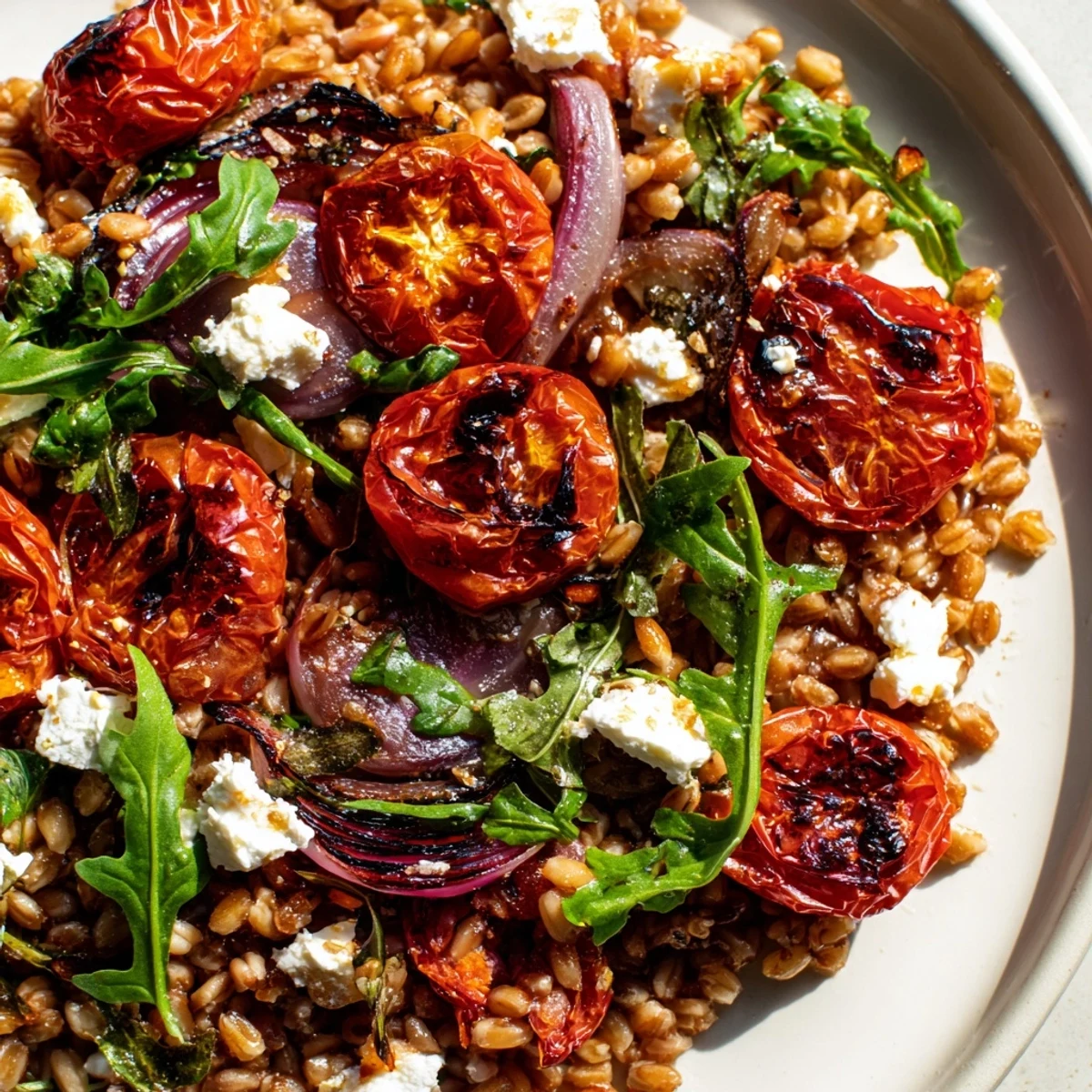 Golden slow-roasted tomatoes nestled among chewy farro grains with crumbled feta and fresh herbs in this ultimate Mediterranean salad