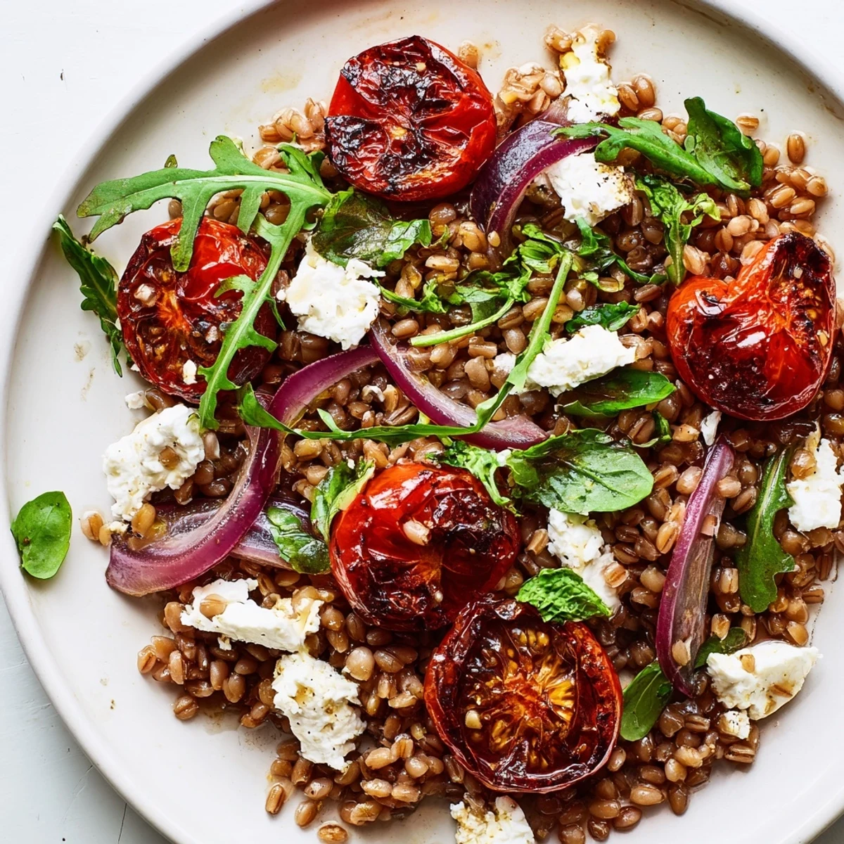 Vibrant tomato farro salad bowl featuring caramelized roasted tomatoes, tangy feta crumbles, baby arugula, and torn basil leaves