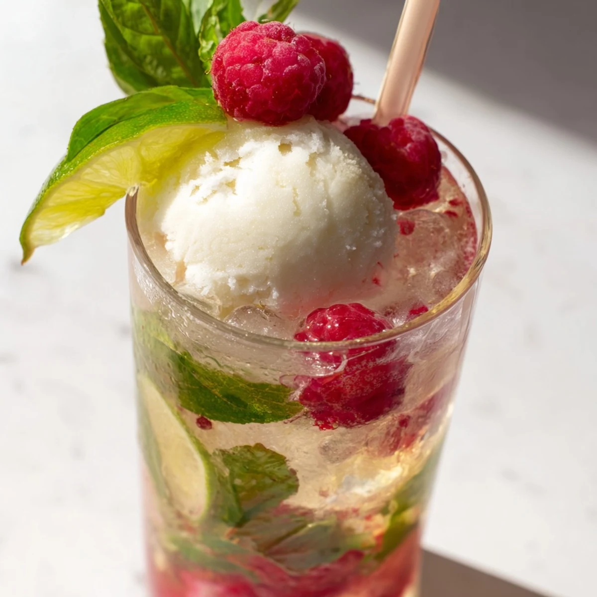 Raspberry Mint Mojito Rebel Float Mocktail topped with melting vanilla ice cream and fresh mint sprig