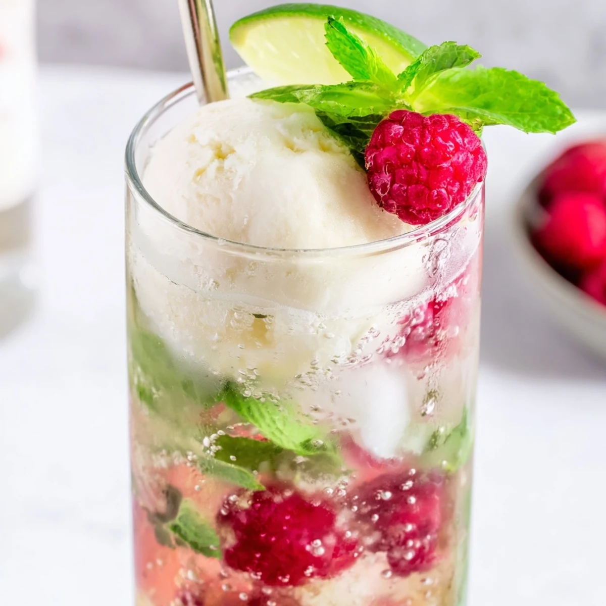Refreshing alcohol-free raspberry mojito float with bubbly soda and creamy vanilla ice cream scoop