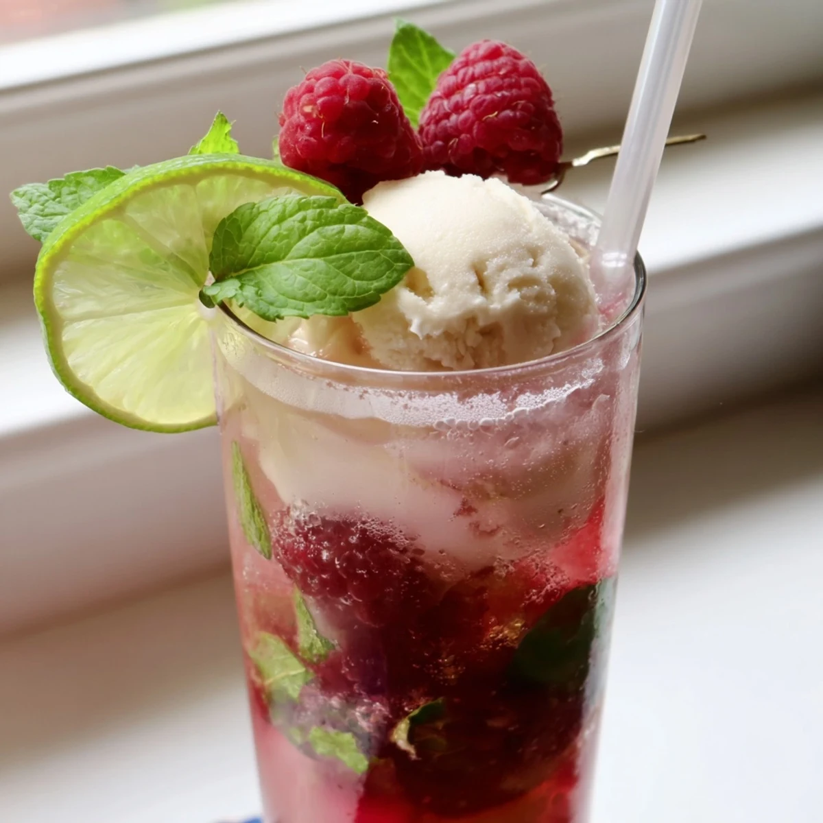 Tall glass of chilled raspberry mint mocktail float featuring crushed berries, lime wedge, and ice cream