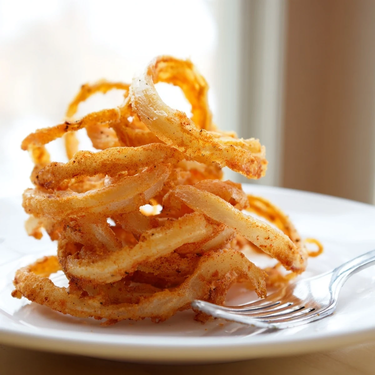 Golden crispy onion ring chips arranged on a serving plate with dipping sauce
