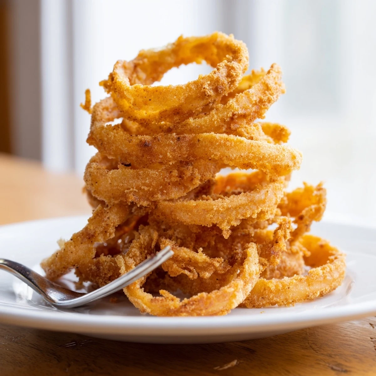 Ultra-thin fried onion rings piled high showcasing their perfect golden crunch and texture