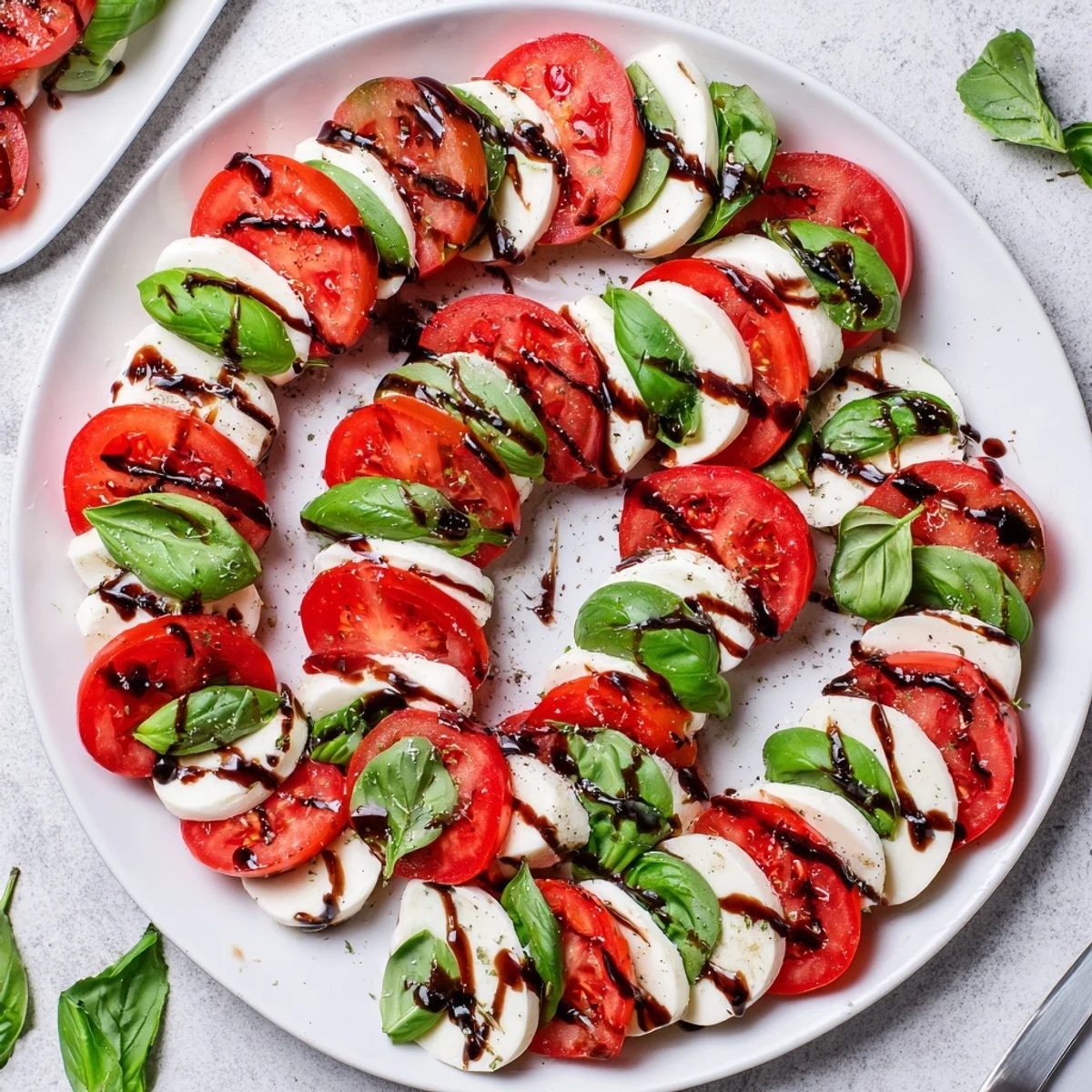 Festive Christmas candy cane Caprese salad arranged with mozzarella and tomatoes on a white platter