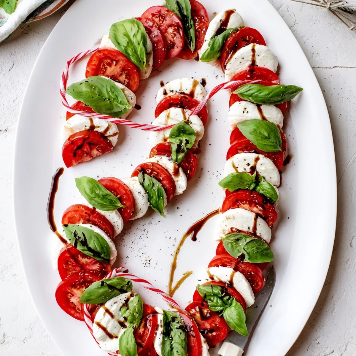 Holiday appetizer featuring fresh mozzarella and tomatoes spiraled into a candy cane shape with basil