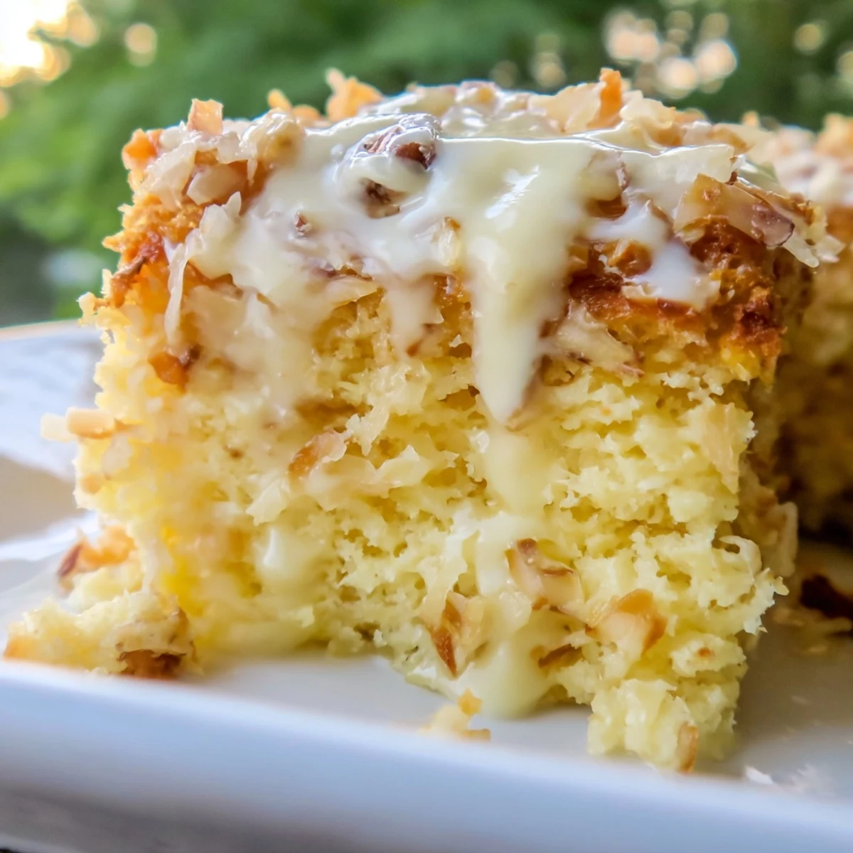 Golden Texas Tornado Cake with coconut pecan topping drizzled over moist pineapple layers