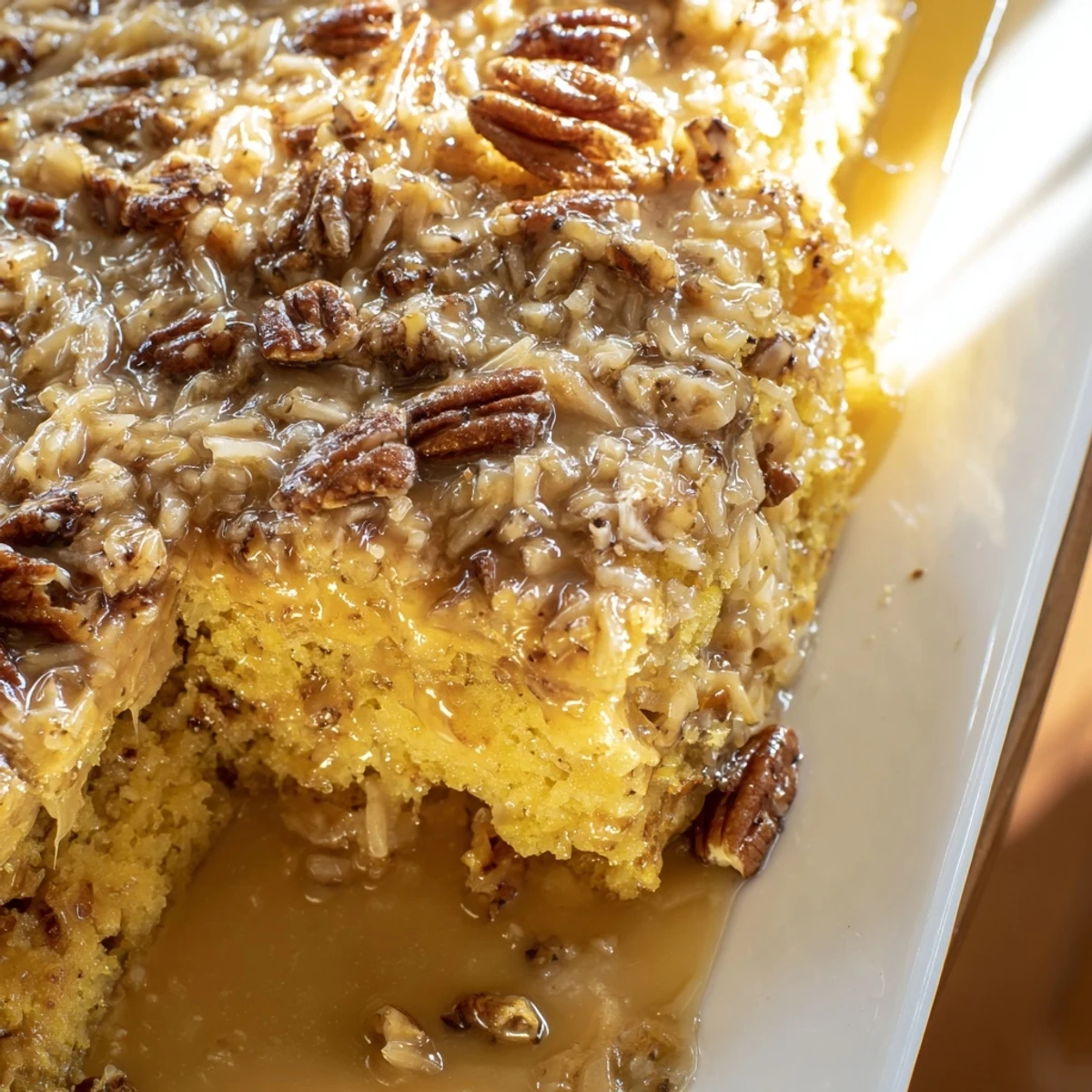 Slice of Texas Tornado Cake topped with buttery sauce and toasted pecans on white plate