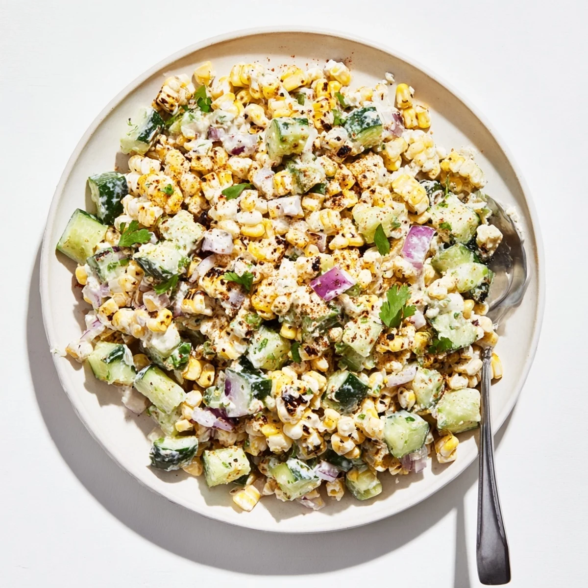 Golden charred corn and crisp cucumbers tossed in a zesty lime crema dressing with crumbled cotija cheese