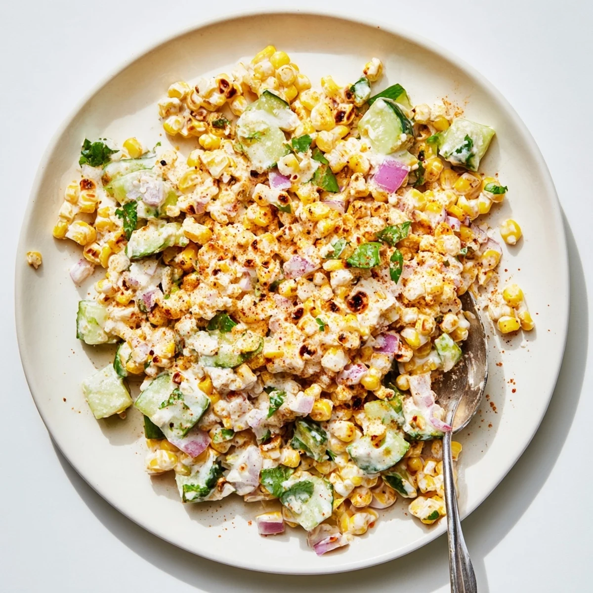 Refreshing street corn creamy cucumber salad featuring sweet grilled corn crunchy vegetables and tangy Mexican-inspired sauce